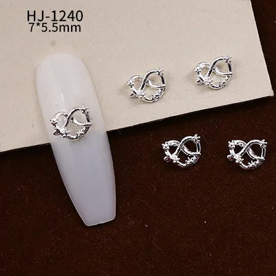 20PCS 3D Glossy Gold Silver Metallic Love Heart Various Crook Frame Solid Alloy Nail Art Rhinestones Decorations Manicure Charms HJ-1240