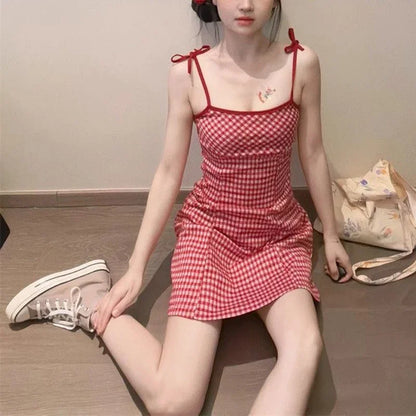 Summer Girls Sweet Red Plaid Slip Dress Lady Korean Designer Bowknots Slim Fit Skirts Female Beach Vacation A-line Short Dress