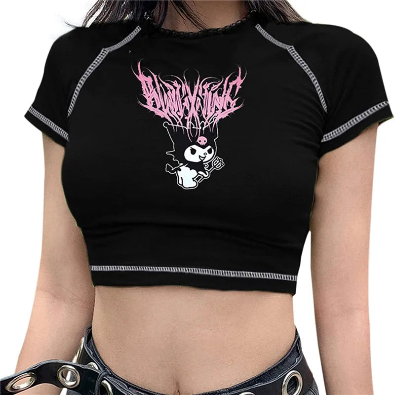 Gothic Graphic Printed T-Shirt For Ladies Harajuku Short Sleeve Crop Top Angels And Demons Print Tee Tops Women black