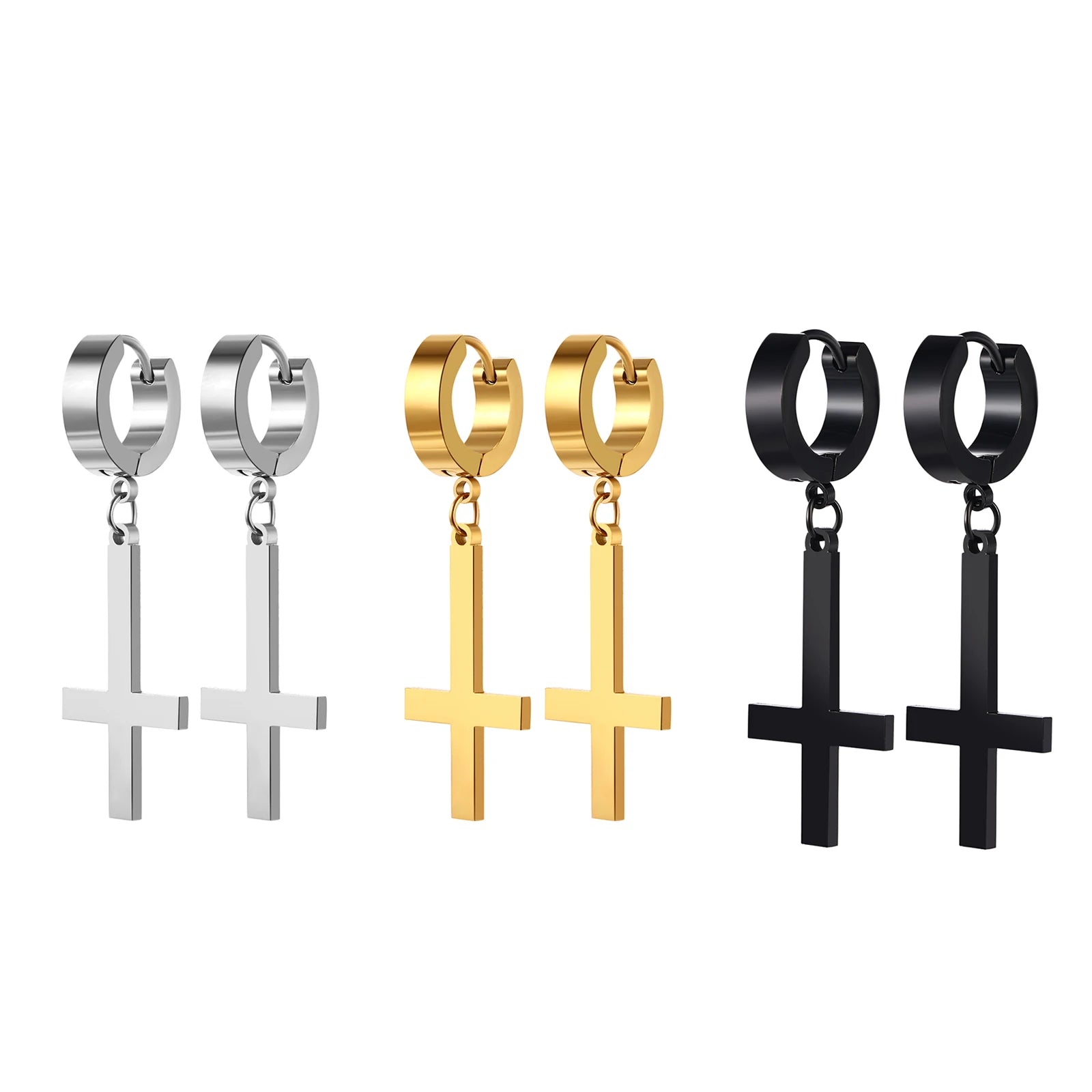 BONISKISS Men Women Stainless Steel Inverted Upside Down Cross Earring Church of Satan Temple Occult Satanic Witchy Stud Jewelry