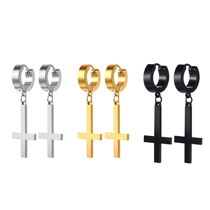 BONISKISS Men Women Stainless Steel Inverted Upside Down Cross Earring Church of Satan Temple Occult Satanic Witchy Stud Jewelry