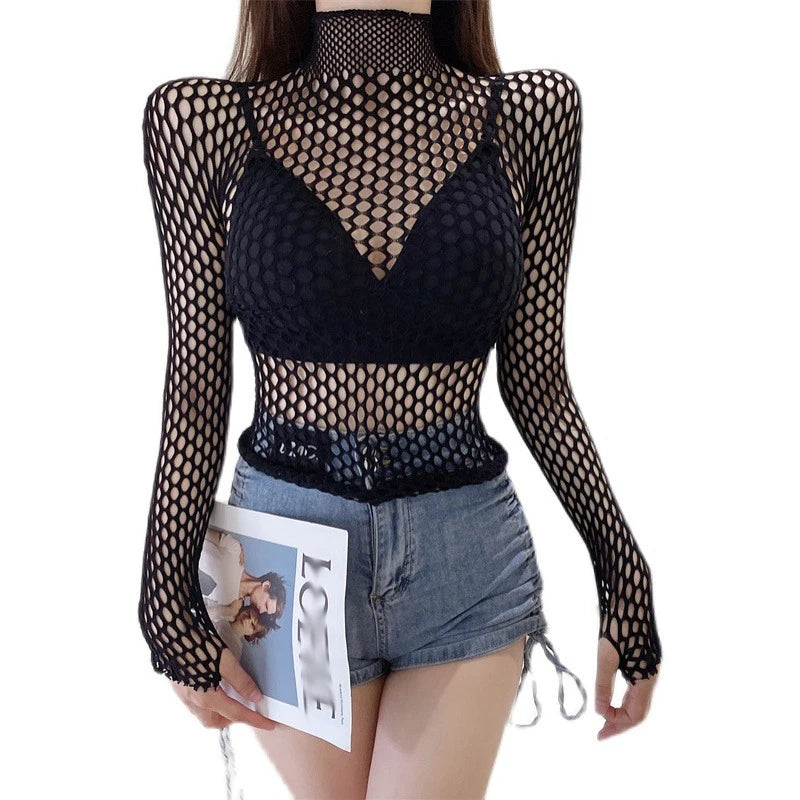 Sexy T-shirt for Women Goth Black Skinny Mesh See Through Long Sleeve Tees Pullover Crop Top Gothic Turtleneck Streetwear