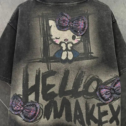 Y2K Hello Kitty Girls Short Sleeve Anime Sanrios Cartoon Cute Summer Sweet Cotton Women T-Shirt Kawaii Casual Loose Trend Tops Badiee Stylez