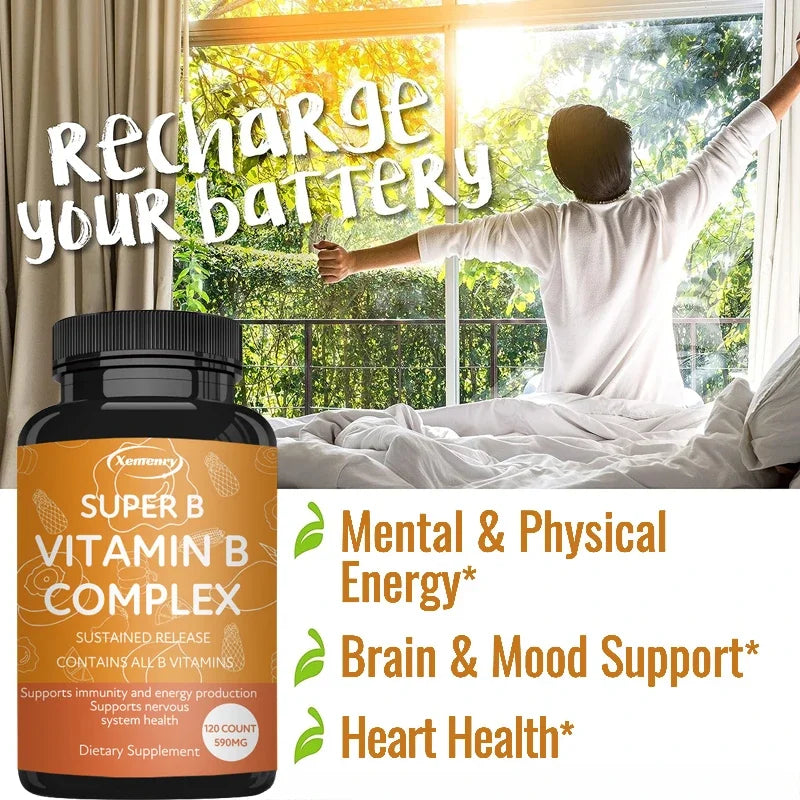 Vitamin B Complex Capsules - Reduce Stress, Promotes Nervous System Healthy, Strong Bones &Teeth, Boost Immunity