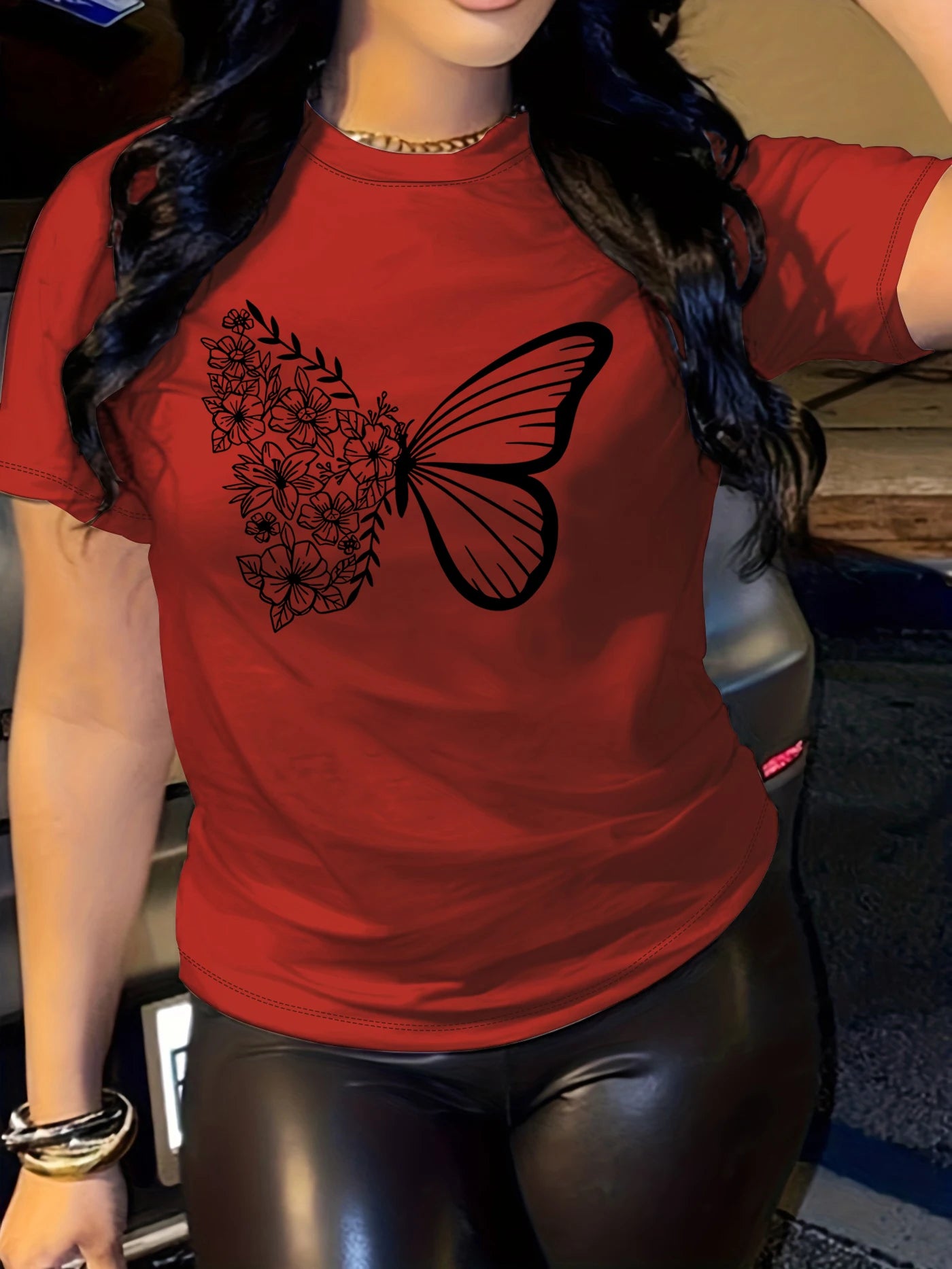 butterfly print t-shirt, short sleeve crew neck casual top for summer & spring, women's clothing