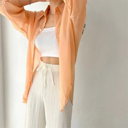 7 Colors Shirts Women Sheer Thin Chic Summer Simple Solid Sun-proof Tops Fashion Baggy All-match Basic Korean Style Sexy Clothes