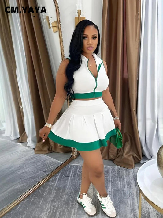 CM.YAYA Women's Set Sleeveless V-neck Vest + Pleated Skirts 2025 Summer Cute Street Beach Two 2 Piece Sets Outfits Tracksuit