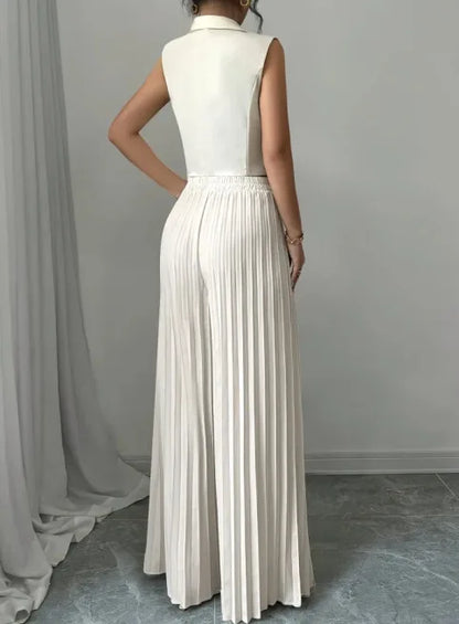 Women Fashion Solid Office Suit Casual Slim Button Two Piece Set Elegant Turn Down Collar Sleeveless Blazer&Pleat Pants Outfits