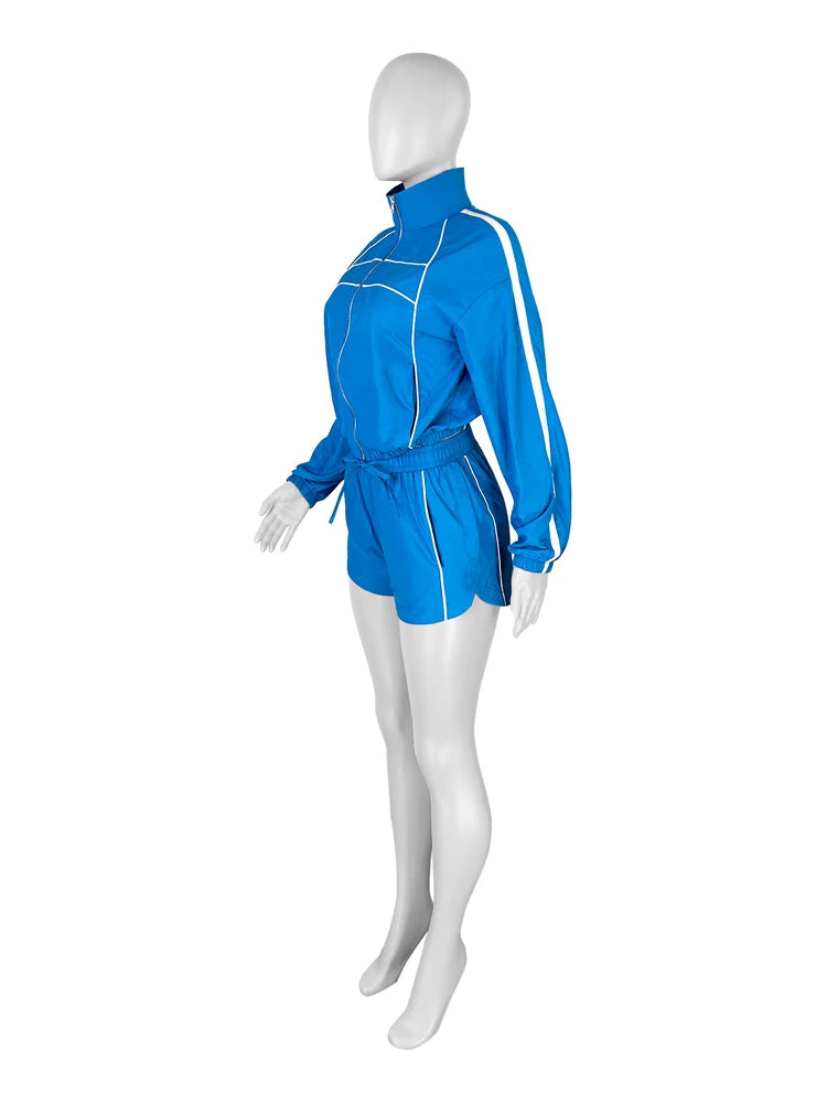 2025 Trendy Woman Clothes Sets Y2k Lounge Tracksuit Contrast Color Long Sleeve Zip Windbreaker Jacket Shorts 2 Piece Set Outfits