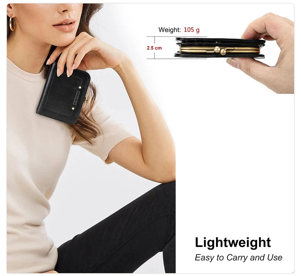 CONTACT'S Genuine Leather Short Wallets for Women Kiss Lock Classic Wallet Metal Frame Coin Purses Card Holder Money Clip Bags