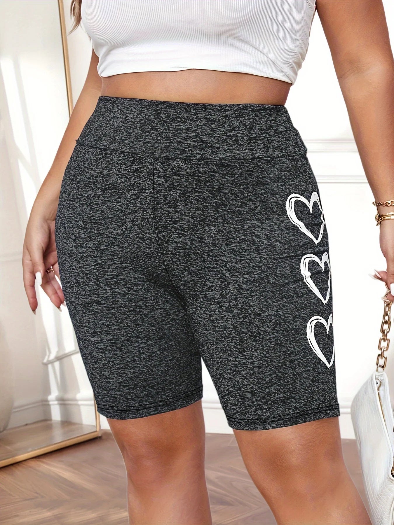 Plus size women's printed tight sports shorts, women's loose and personalized printed new style Dark Grey