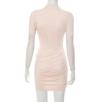 Women Hollow Out Short Sleeve Ruched Sexy Mini Dress for Women Fashion Half High Collar Skinny Club Party Dresses Female