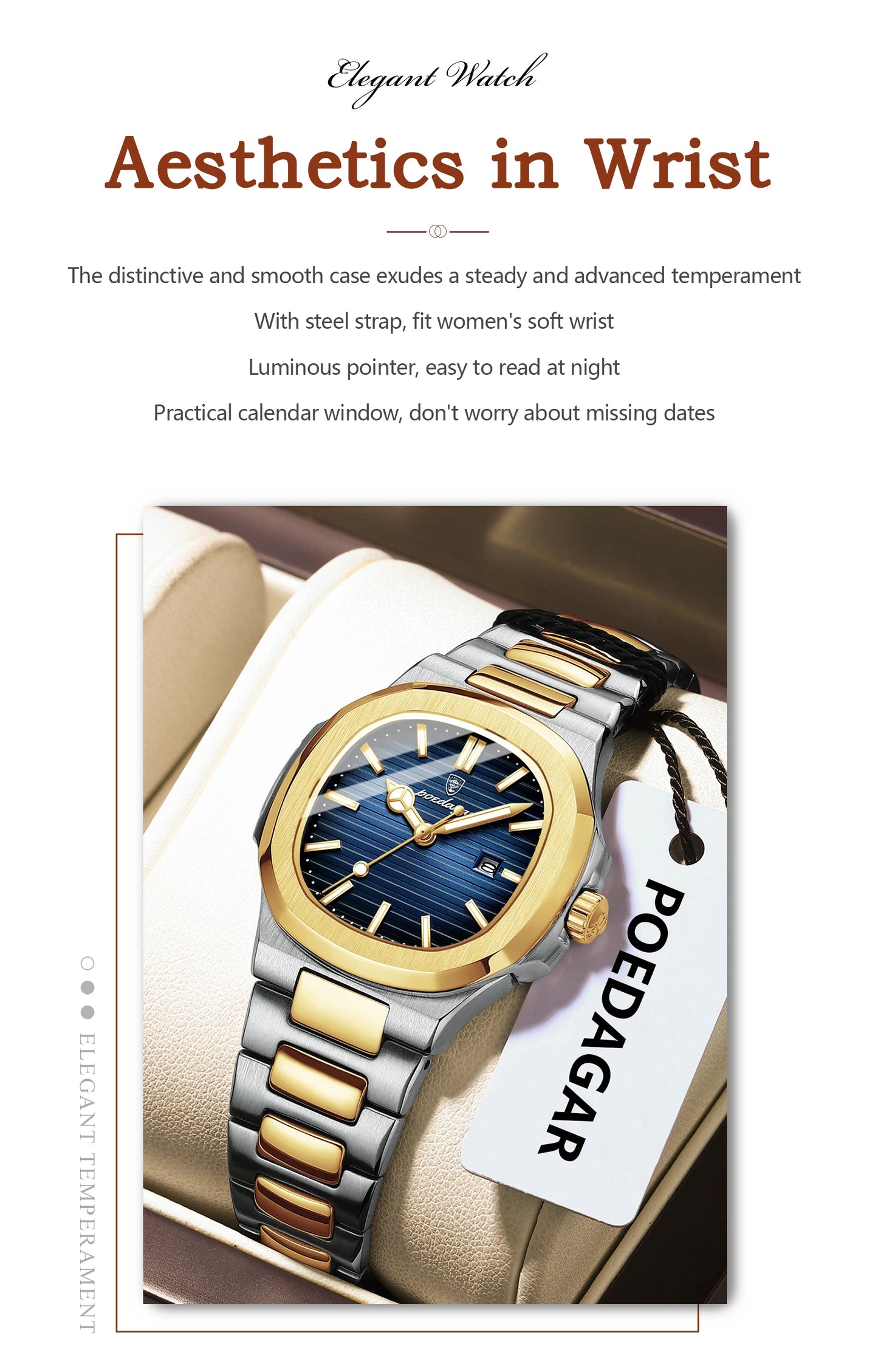 POEDAGAR Original Trendy Women's Watches Waterproof Luminous Date Ladies Wristwatch Stainless Steel Quartz Watch For Woman Reloj