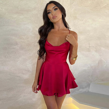 2025 Summer Hot Sale Sexy Solid Color Backless Short Dress - Crisscross Straps Satin Skirt Badiee Stylez