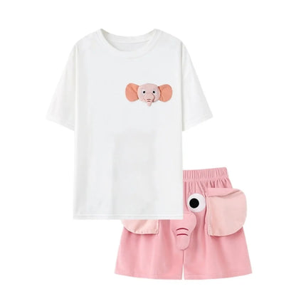 Cartoon 3D Ears Elephant Trunk Pajamas Nose Loose Short Sleeve Sleepwear Funny Couple Pajamas Suit Gifts Pink-M
