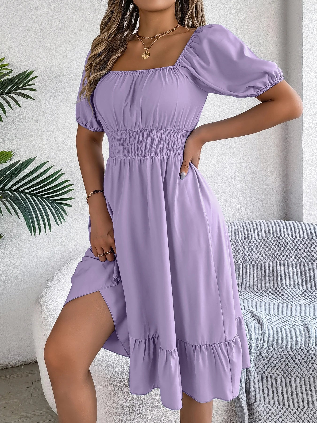 Spring and Summer Elegant High Waisted Dress Square Neck Short Sleeved Ruffled Edge Long Dresses for Women Badiee Stylez