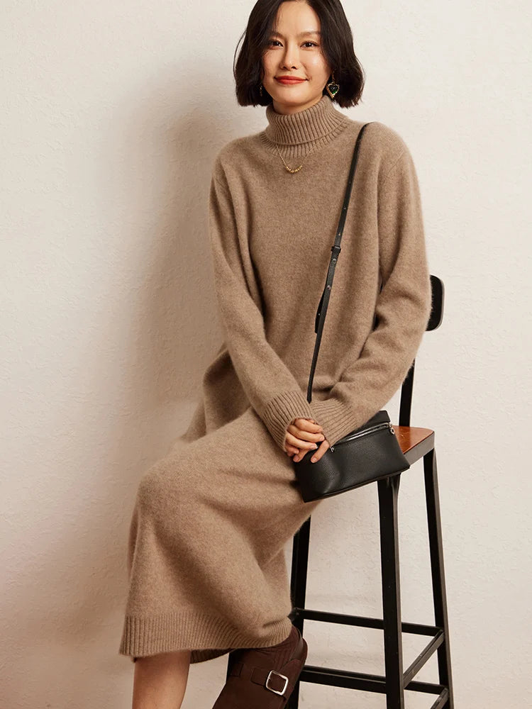 100% Cashmere Sweater Long Dress New Women High Turn-down Collar Pullover  Soft Cosy Autumn Winter Casual Solid Knitwear Dress Badiee Stylez