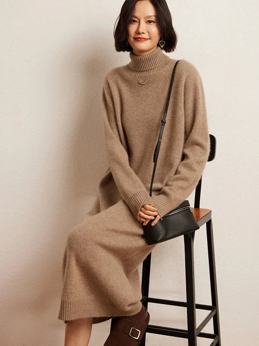 100% Cashmere Sweater Long Dress New Women High Turn-down Collar Pullover  Soft Cosy Autumn Winter Casual Solid Knitwear Dress Badiee Stylez