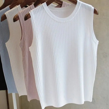 1pcs Summer New Fashion Knitted Vests O-neck Sleeveless Casual Thin Tops One Size WHITE