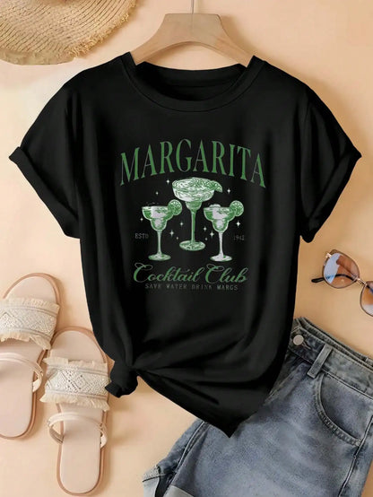 Plus Size Tops Women Clothes Margarita Glass Print Short Sleeved T-shirt Graphic Tees Women Tops black