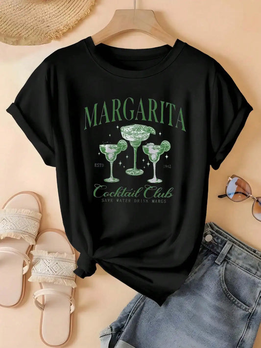 Plus Size Tops Women Clothes Margarita Glass Print Short Sleeved T-shirt Graphic Tees Women Tops black