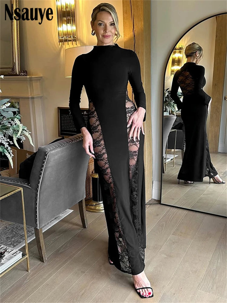 Nsauye Sexy Hollow Out Backless Lace Patchwork Slim Maxi Dresses For Women 2025 Autumn Winter Long Sleeve Long Dress Club Party