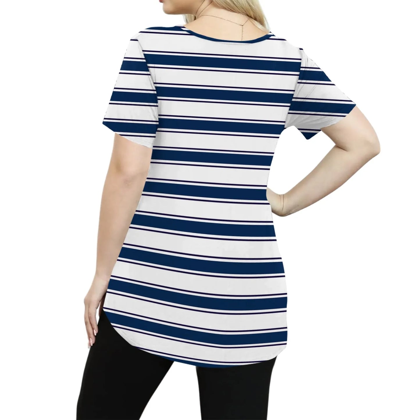 Plus Size Casual striped T-shirt For Women V neck short sleeves Loose Tops With Pocket Summer Daily Casual Plus Size Women's Top