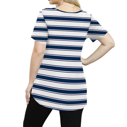 Plus Size Casual striped T-shirt For Women V neck short sleeves Loose Tops With Pocket Summer Daily Casual Plus Size Women's Top