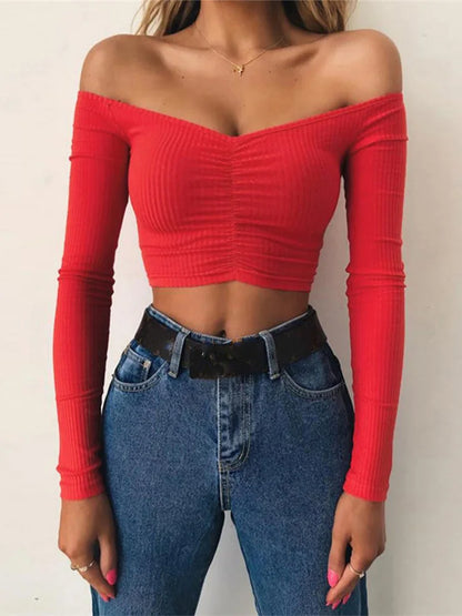 women T-shirts sexy and club fashion female T-shirt long sleeve off shoulder solid color lady Tshirt autumn basic tees Red