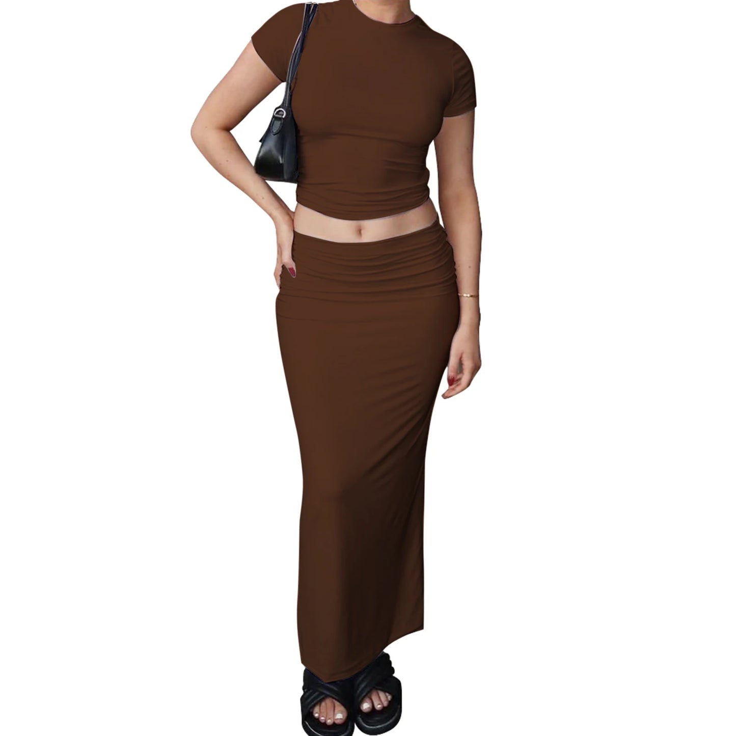 Women Sexy Skirt Set Fashion Solid Crop T-shirt Long Bodycon Skirts Ladies Summer 2 Piece Bodysuit Chic Outfit Brown