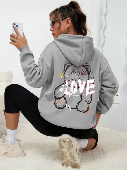 Graffiti Line Bear Simple Print Female Hoody Harajuku S-Xxl Sweatshirt Fashion Casual Street Hooded Autumn Warm Streetwear Women Gray