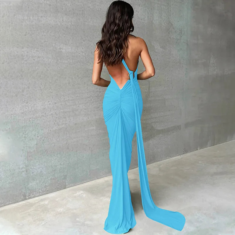 Womens Elegant Evening Party Cocktail Long Dress Sexy Backless Open Back Ruched Slim Bodycon Formal Wedding Guest Maxi Dress Badiee Stylez