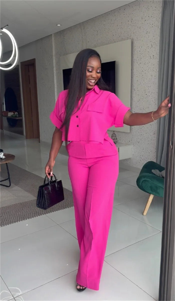 Women's Two-piece Set Spring Summer New Style Lapel Short-sleeved Shirt High Waist Wide Leg Trousers Casual Suit Women Clothing
