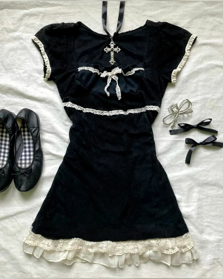 Sweet Y2K Woman Fashion Cute Clothing Dress Artsy Maiden Harajuku Sundress Aesthetic Chic Daily Fairy tale Classic Vintage Frock Black 6