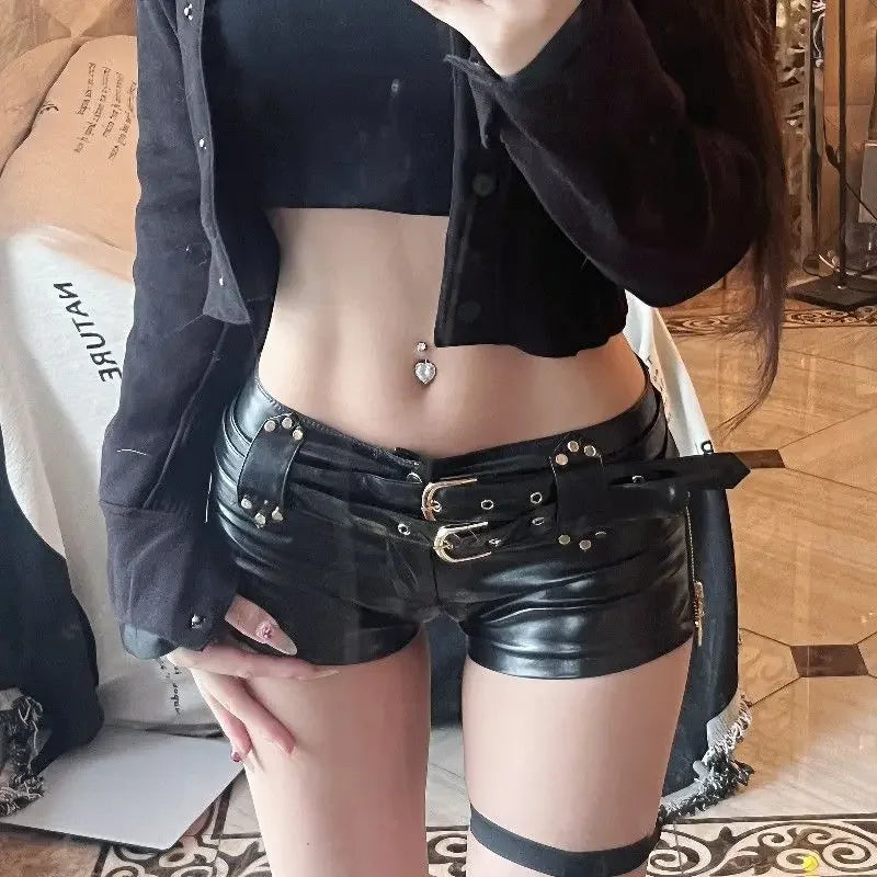 Booty Women's Shorts Leather Tight Low Rise Waist Black Skinny Outfits Youthful Trend 2025 Harajuku Fashion Female Short Pants Black Shorts