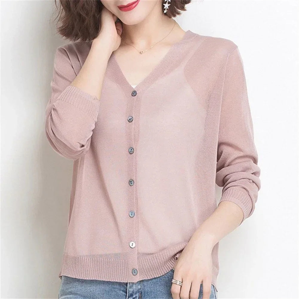 Spring Summer Comfortable Casual Blouses white knitted cardigan 2024 Women's Clothing Solid V-neck Elegant Fashion Button Loose