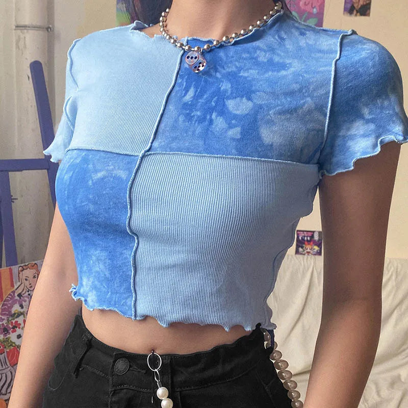 Chic Crop Tops Tees Tie Dye With Sequin Patchwork Women Summer T-shirts Ruffles Hem Purple Or Bule Clothes