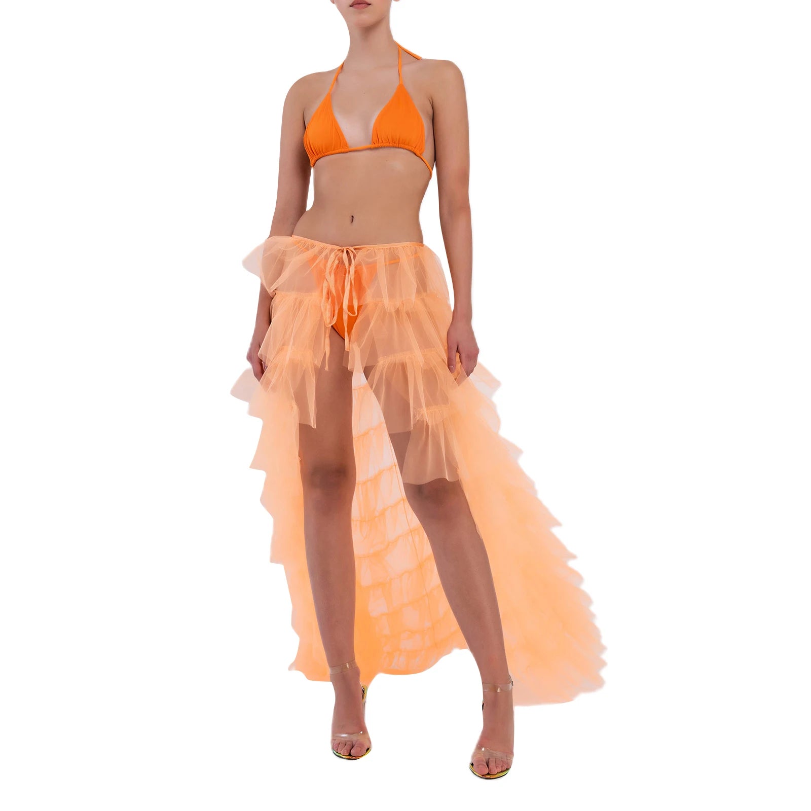 Puloru Tied-Up Mesh Tulle Long Skirts Elegant Party Wedding Wear for Women Solid Color Irregular Floor-Length Layered Skirts Orange One Size