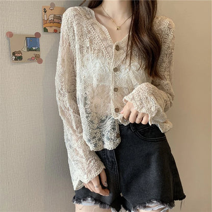 Vintage Summer Lace Blouses Women See Through Sheer Long Sleeve Sun Shirts Korean Style Casual Sun Protection Sexy Ladies Tops