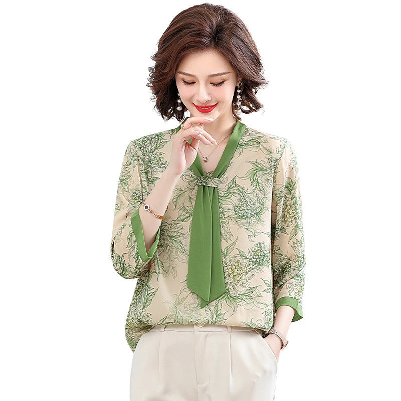 Women's Shirt Middle-aged Mother Elegant Summer Lady Shirts Bandage Floral Printed Chiffon Shirt Blouse Women's Clothing 1