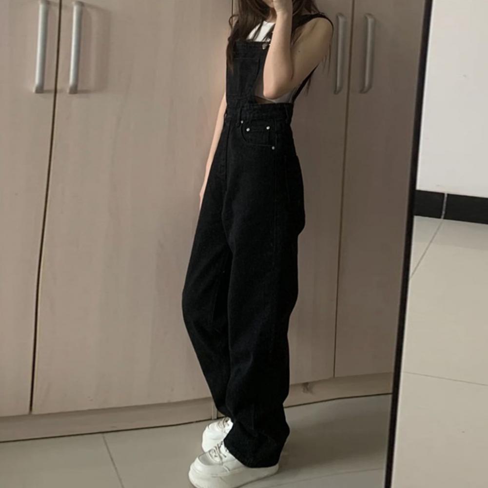 Denim Jumpsuit Summer Women Vintage Preppy Style Pockets Loose Fit High Waist Wide Leg Overalls Streetwear Straight Jeans