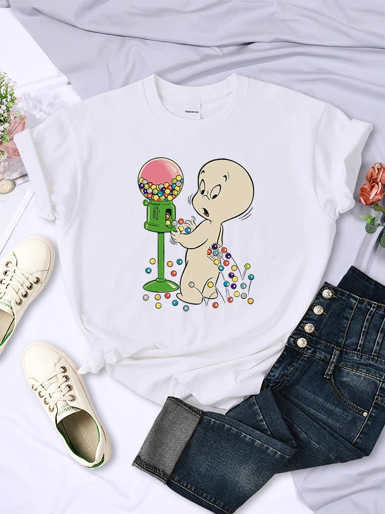 The Little Boy Likes Colored Glass Balls Women Short Sleeve Creative Street Tops Casual O-Neck Clothing All-math Female T-Shirts White