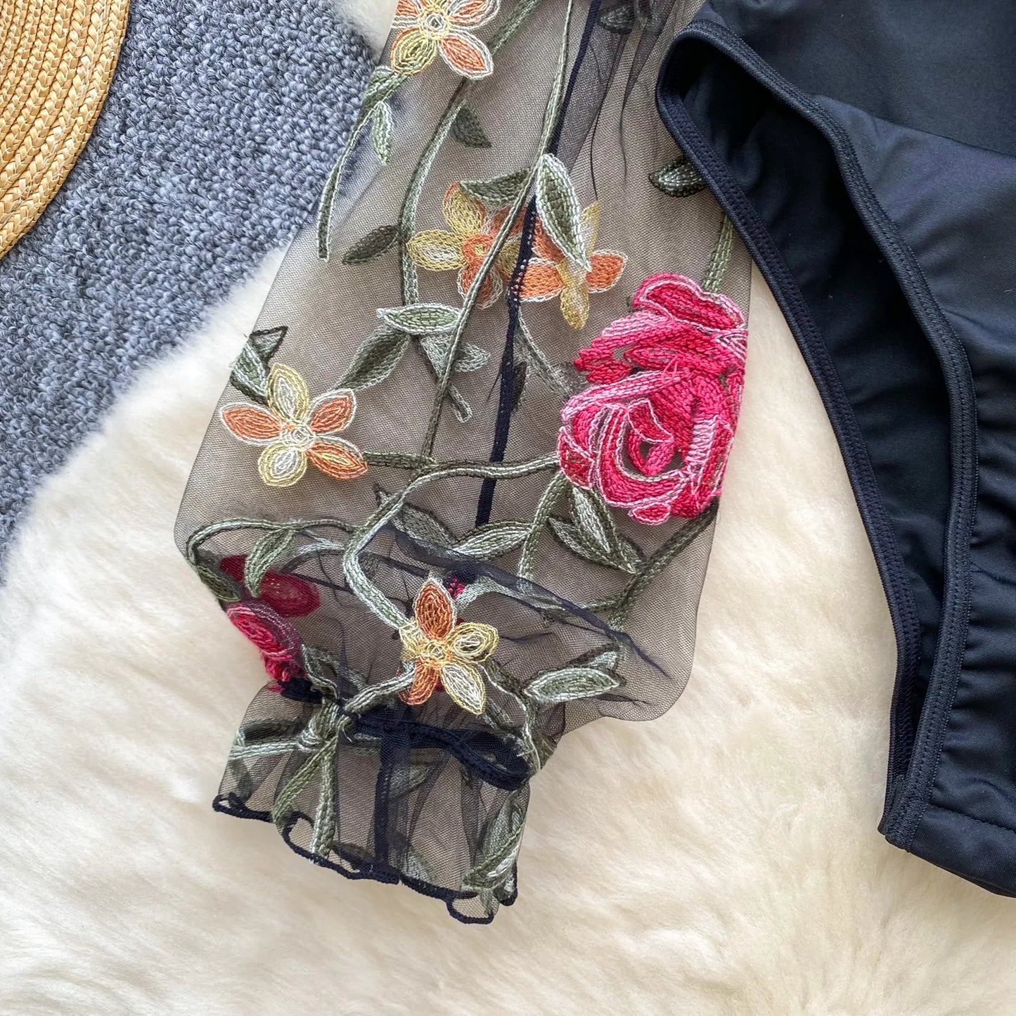 SINGREINY Vintage Embroidery Gauze Sexy Bodysuits Stand Collar Long Sleeve Playsuits Fashion Spliced Women Open crotch Rompers