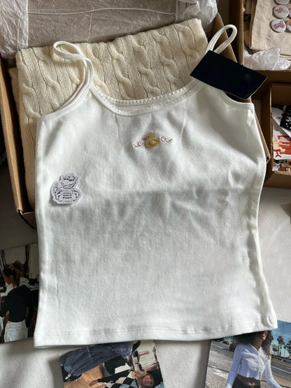 Cute Animal Embroidery Tank Tops Women Summer Lace Trim Cotton Sleeveless Camisole Vests Solid Vintage Sweet Slim Crop Top Y2k Duck-lace trim One Size