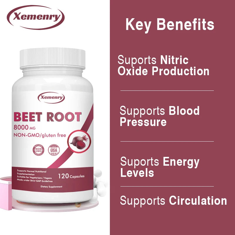 Organic Beetroot Capsules 8000 mg - Athletic Performance, Digestive and Heart Health Supplement