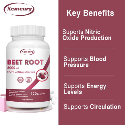 Organic Beetroot Capsules 8000 mg - Athletic Performance, Digestive and Heart Health Supplement