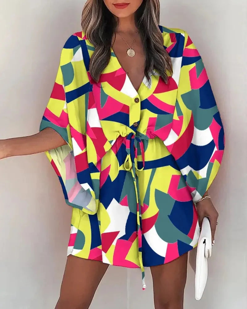 Women Print Dress Sexy V-Neck Bat Sleeve Ruffl Flowers Print Bohemian Beach Sundress Ladies Loose Summer Vacation Mini Dresses Yellow