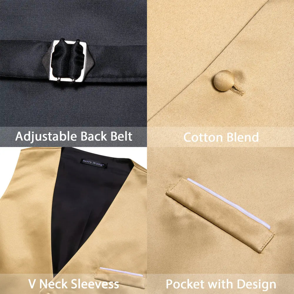 Luxury Vest for Men Gold Solid Silk Satin Waistcoat Bowtie Tie Set Sleeveless Jacket Wedding Formal Male Gilet Suit Barry Wang