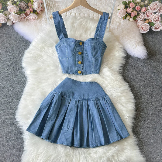 Two Piece Sets Women Sexy Dress Sets Skirt Set Sling Sleeveless Casual Denim Tops Short Skirts A Line Elegant Splice Y2k Summer light blue