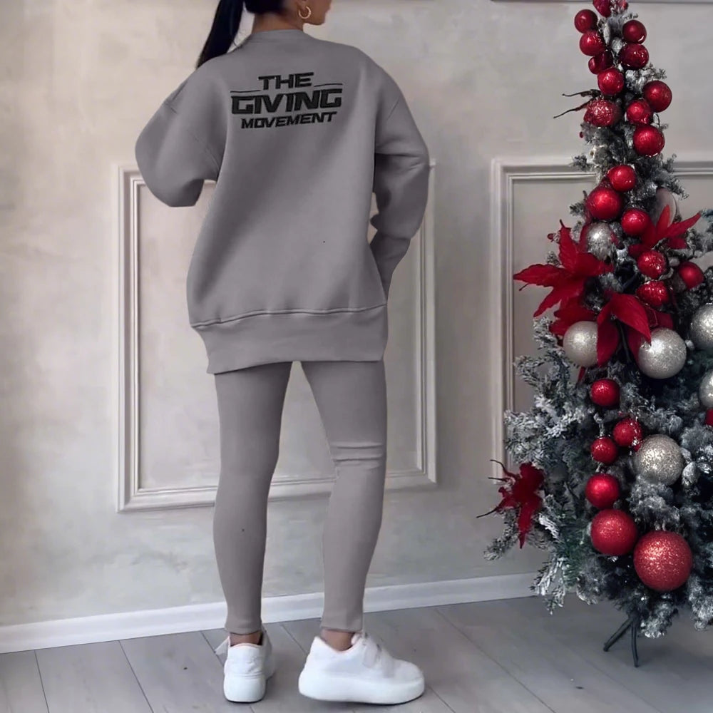 Women Two Piece Set Irregular Sweatshirt Long Sleeved Pullover Top Trouser Pants Set Autumn Winter Lady Solid Loose Outfits M L